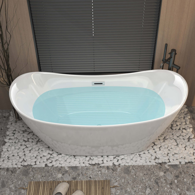 Baignoire autoportante en acrylique blanc brillant avec trop-plein chromé et bonde escamotable