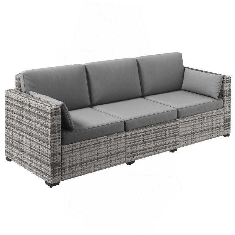 Outsunny Wicker Patio Couch, PE Rattan 3-Seat Sofa, Outdoor Furniture With Deep Seating, Cushions, Steel Frame, Gray