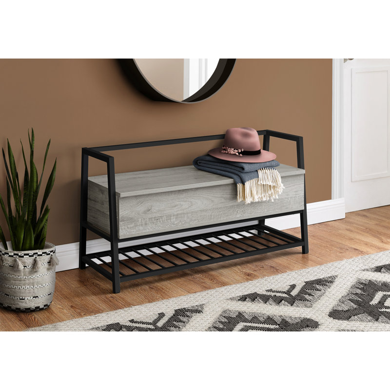 Banc de couloir rectangulaire moderne 42 po avec stratifié gris et chevilles en métal noir pour le rangement