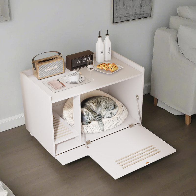Litière cachée en bois pour chat, Blanc