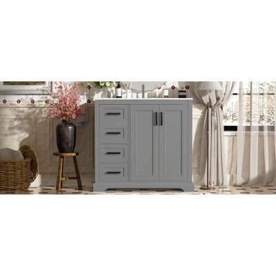 Meuble-lavabo moderne de 36 po de couleur grise, lavabo en céramique, fonction de fermeture en douceur, 3 tiroirs, tablette ajustable, cadre solide, poignées luxueuses, gris silencieux avec charnières, rangement spacieux, alliage de zinc
