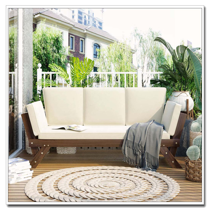 Outdoor Adjustable Patio Wooden Daybed Sofa Chaise Lounge with Cushions, Beige