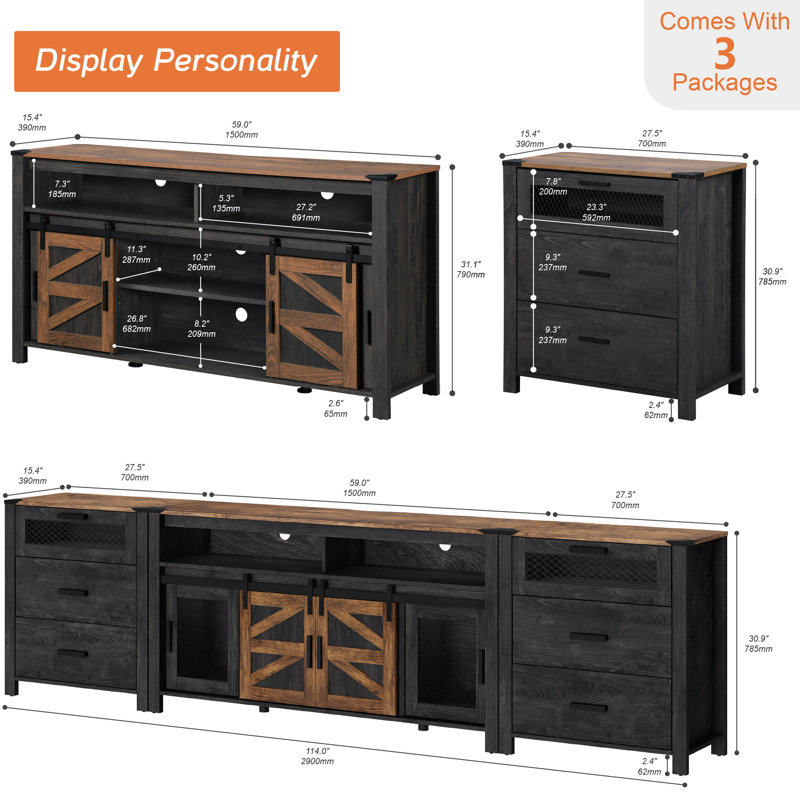  3 In 1 Tv Stand Set, Dark Walnut/Black
