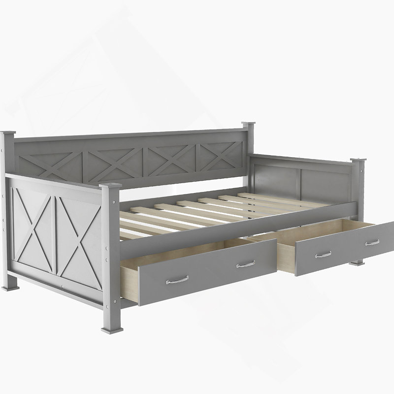 Lit de jour avec 2 grands tiroirs et une structure en forme de X, alliant style décontracté moderne et rustique pour un sommeil et une détente améliorés