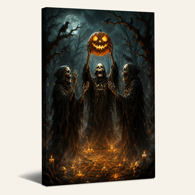 Skeletons Holding Glowing Pumpkin Over Pentagram Halloween Canvas Wall Art