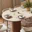Table de salle à manger moderne 78,74 "ovale pour 8 personnes, plateau de table en pierre frittée beige avec pieds doubles en bois brun-129723459