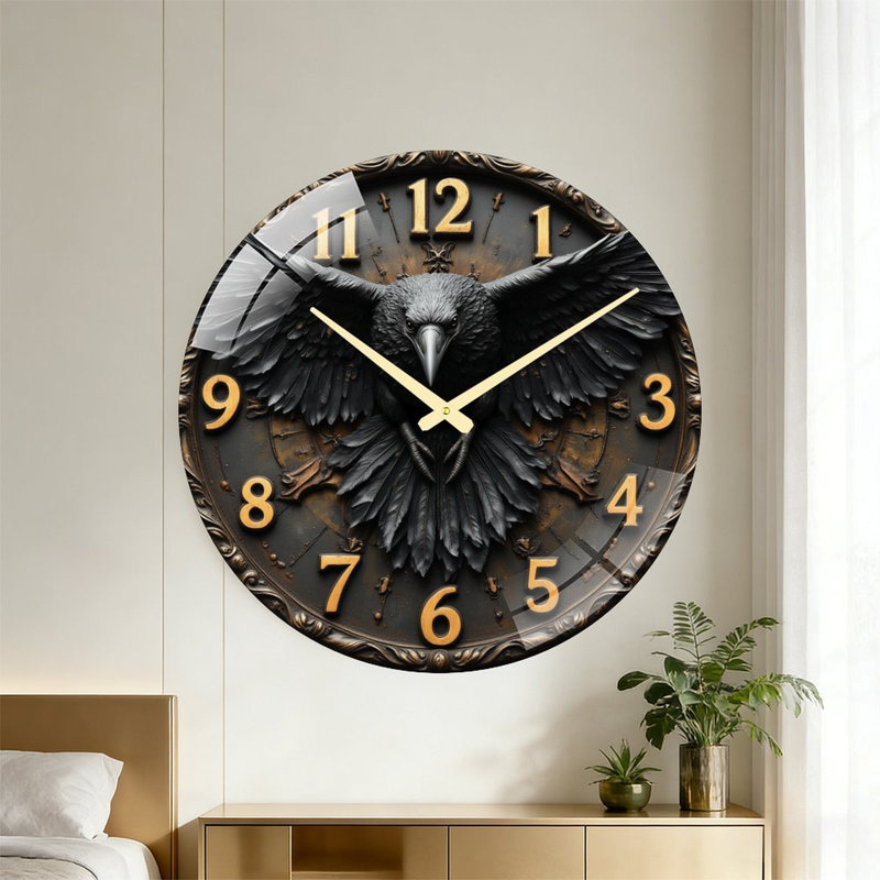 Raven Wall Clock Art - 24‘’ Modern Glass Wall Clock