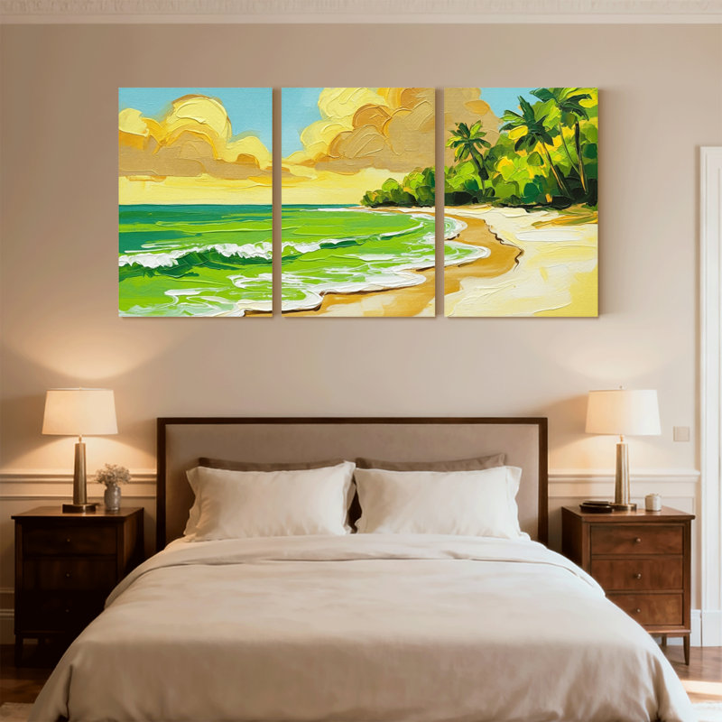 Nautique et plage, plage tropicale avec palmiers et vagues de l'océan, ensemble de 3 impressions sur toile, H 24 po x l 48 po