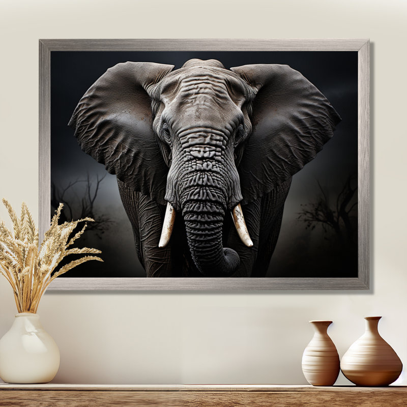 Éléphant silencieux majestueux III - Éléphant, art mural, H 16 po x l 32 po x P 1 po, Cadre simple argenté
