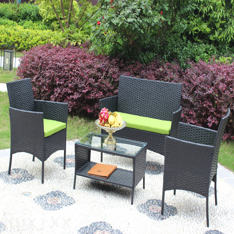 Canapé d'extérieur en rotin avec coussin 4 pièces, Vert