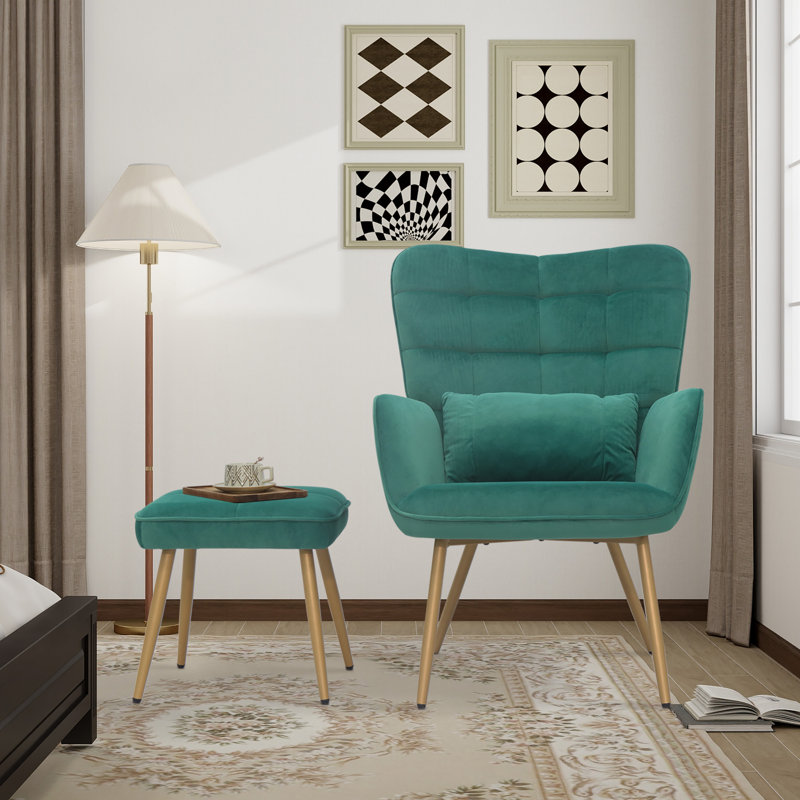 Trishika Velvet Wingback Chair with Ottoman, Green Velvet