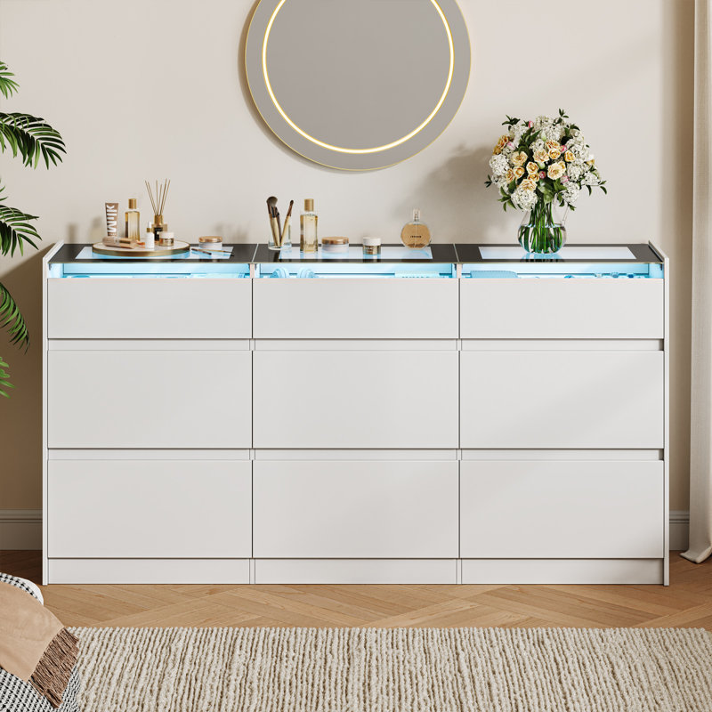 Commode blanche 9 tiroirs avec lumières DEL, commode de rangement pour chambre à coucher en verre, Blanc