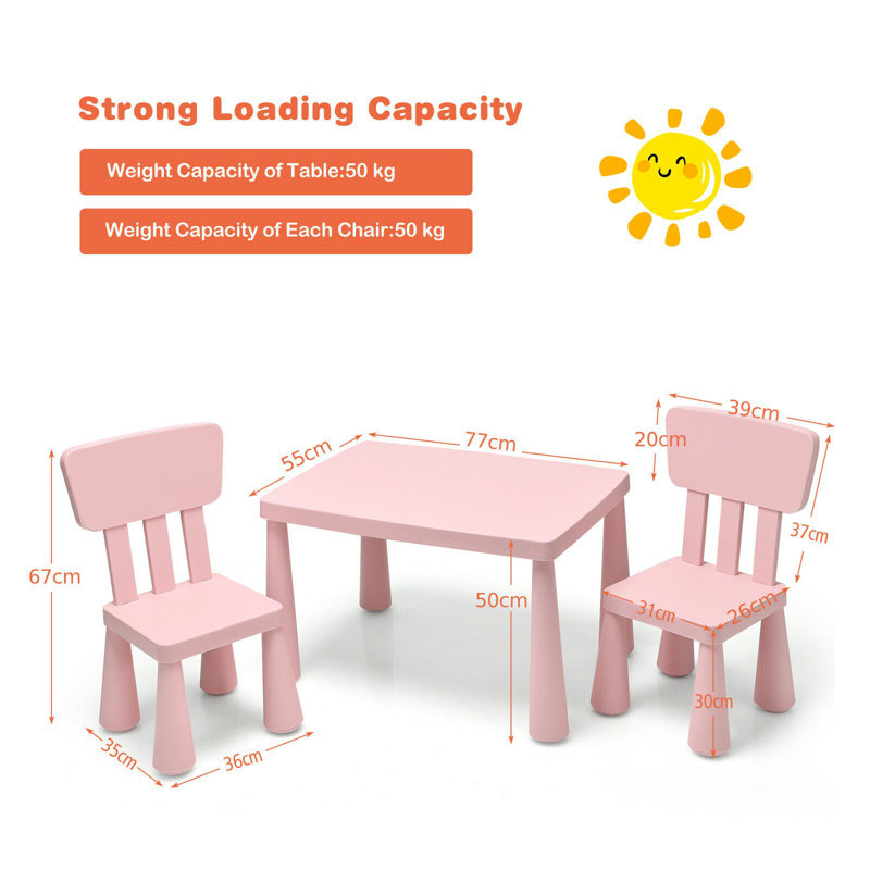 Remington Kids 3 Piece Rectangular Play Or Activity Table and Chair Set, Pink