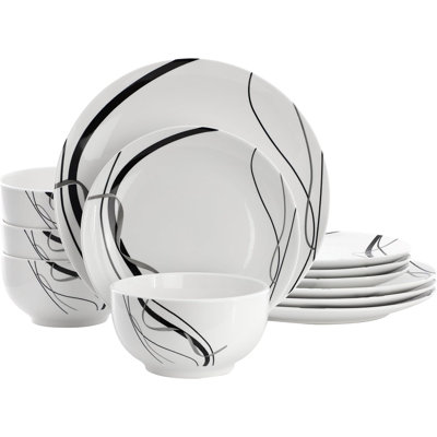 Porcelain Dinnerware Set For 4, Black And White Ribbon Design Plates And Bowls Set, 12 Piece Microwave And Dishwasher Safe Dish Set