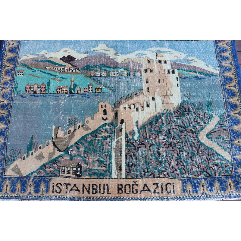 Tapis turc rétro avec un design de Bosphore de style pastel pour des décorations murales et des tapis en laine faits à la main