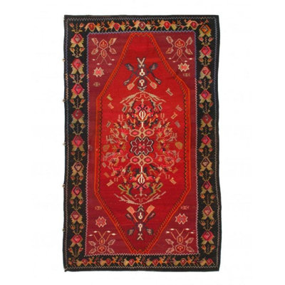 Tapis oriental noir / rouge / jaune en laine / coton 4 pi 11 po x 8 pi 8 po Oriental