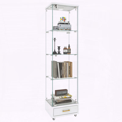 Modern Glass Display Cabinet with Drawer and LED Lights