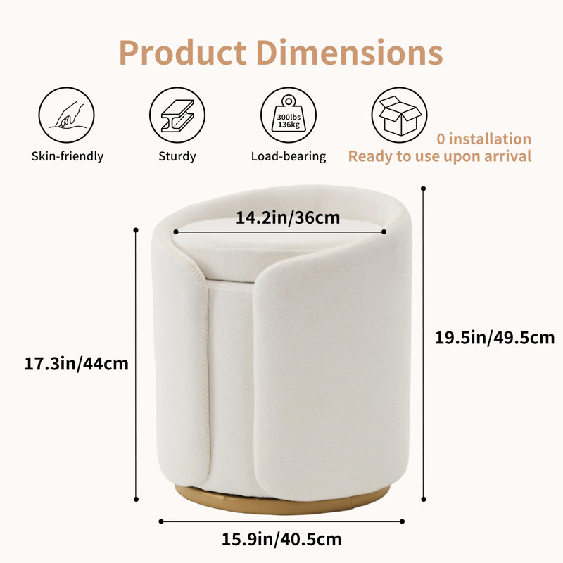 Tabouret de coiffeuse avec rangement, tabouret rond en boucle sans roulettes, pouf pivotant avec revêtement rembourré et base dorée
