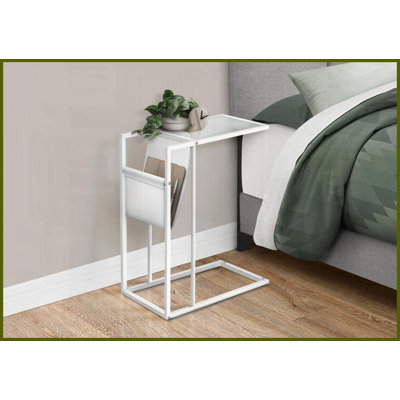 Table basse en cuir blanc en forme de C avec rangement pour magazines - Plateau en verre facile à nettoyer pour la vie Chambre à coucher