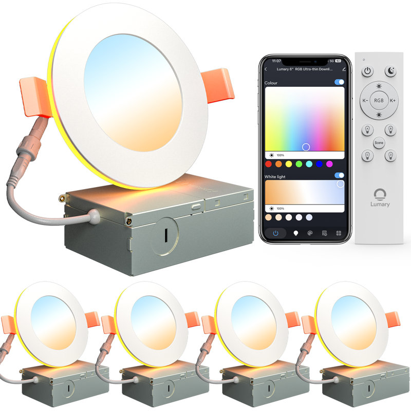 Lumary encastré 4 po avec anneau lumineux RVB / nuit Lumary Smart Wafer de Lumary, sans boîtier avec boîte de jonction, compatible avec Alexa / Google Assistant / télécommande BT, homologué ETL, paquet de 4