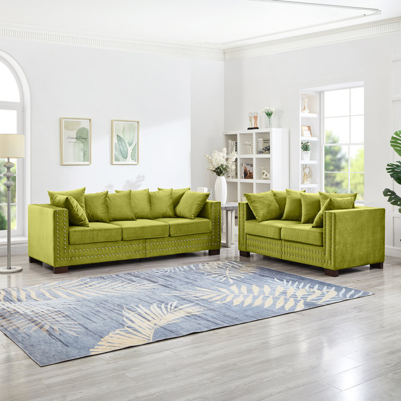 5 + 2 places en velours 2 + 3 avec design moderne, accoudoirs carrés, pieds en bois massif, coussins à ressorts et housses amovibles pour le look du salon, places assises, accoudoirs, rangement pour clous argentés