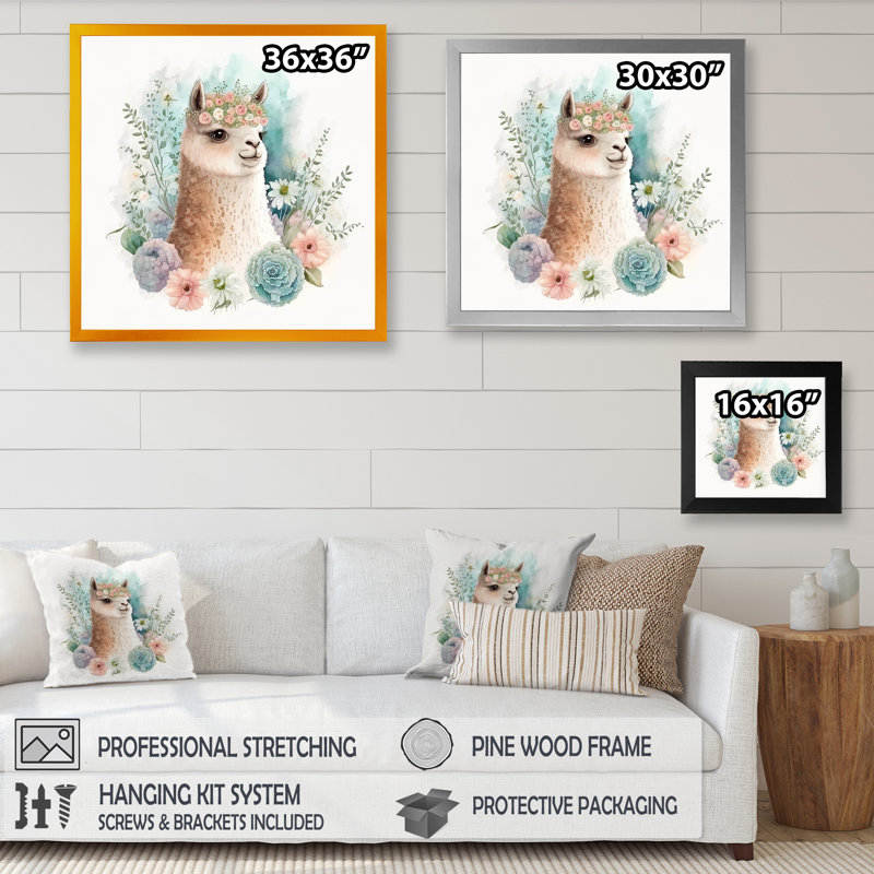 «Flower Alpaca WaterColor VI», reproduction sur toile, Impression noire sur toile encadrée, H 16 po x l 16 po x P 1 po