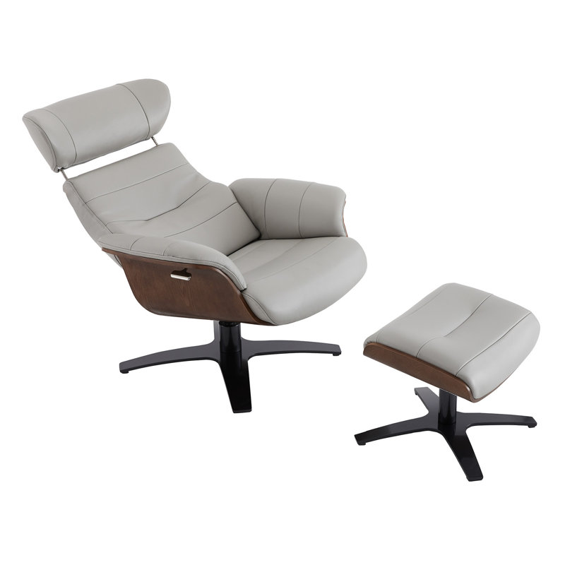 Fauteuil inclinable pivotant en cuir véritable de 31 po de largeur avec repose-pieds Dillon, Gris clair