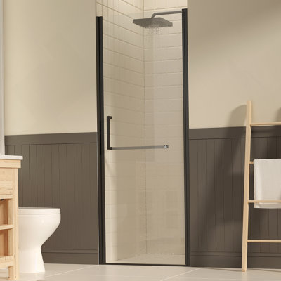 Porte de douche pivotante sans cadre de l 27 à 28 po x H 72 po, portes de verre pivotantes avec verre trempé transparent de 1/4 po (6 mm), film antidéflagrant, installation réversible, noir mat