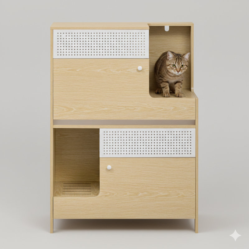 Meuble pour chat moderne combinant un bac à litière avec une table d'appoint et un rangement. Cette maisonnette pour chat est conçue pour accueillir deux petits ou moyens chats.