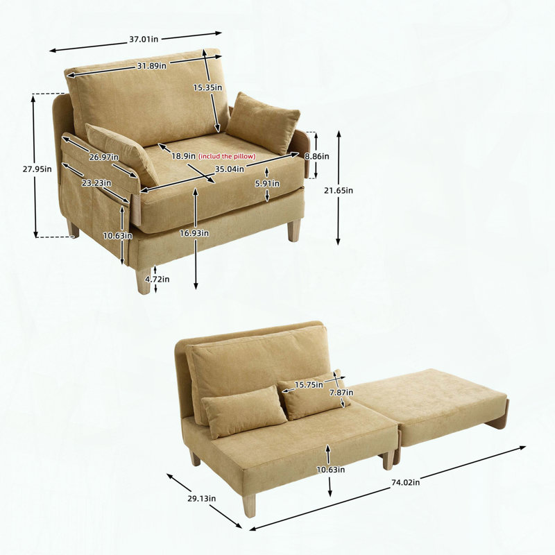 Canapé-lit convertible 3 en 1 - pliable - 3 coussins - poches latérales, Jaune moutarde