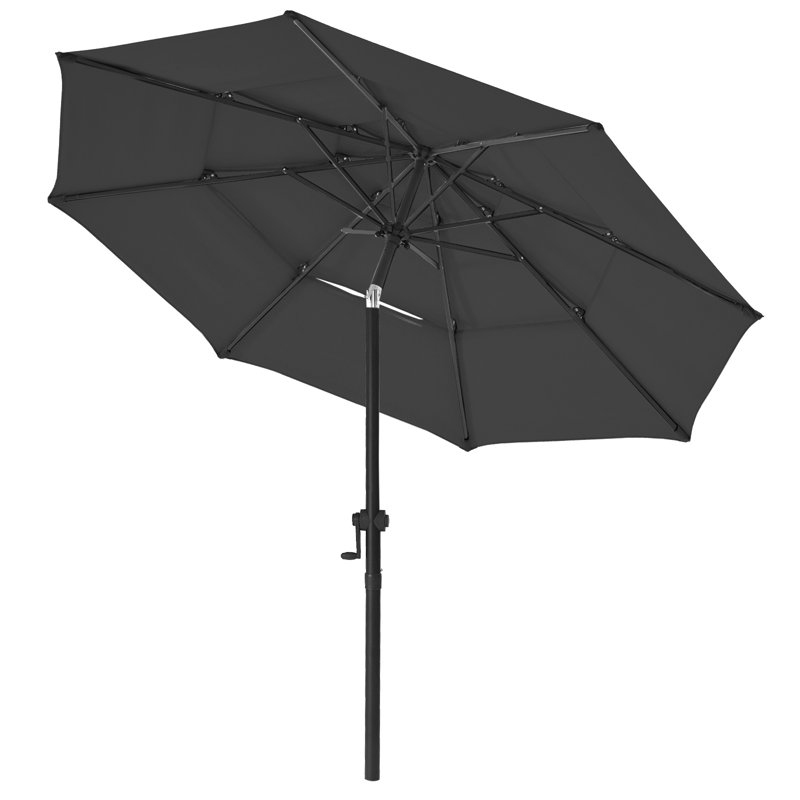 Parasol de marché à 3 niveaux avec bouton-poussoir inclinable et manivelle, H 100 po x l 108 po x P 108 po, Gris