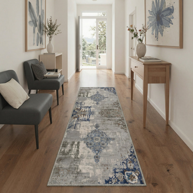 Combs Vesper Modern Abstract Distressed Medallion Machine Washable Blue/Grey Indoor Area Rug with Non-Slip Backing