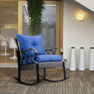 Outsunny Outdoor Wicker Rocking Chair With Padded Cushions, Aluminum Furniture Rattan Porch Rocker Chair W/ Armrest For Garden, Patio, And Backyard, Blue