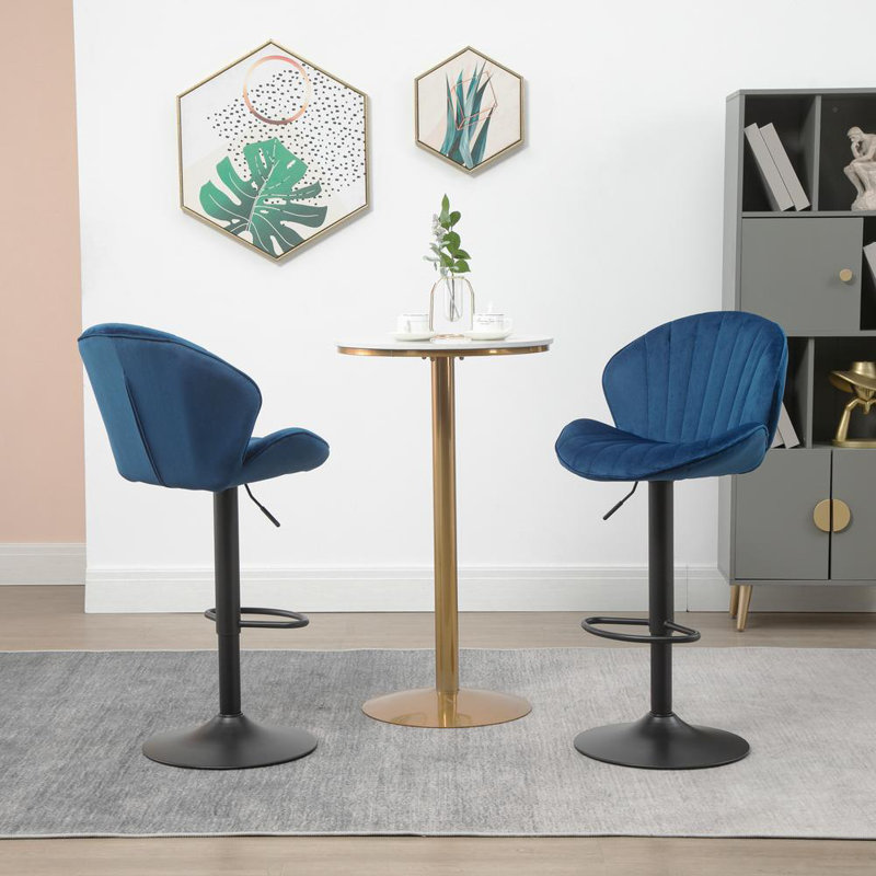 Upholstered Adjustable Bar Stools With Backrest Footrest And Swivel Mechanism Set Of 2, Blue
