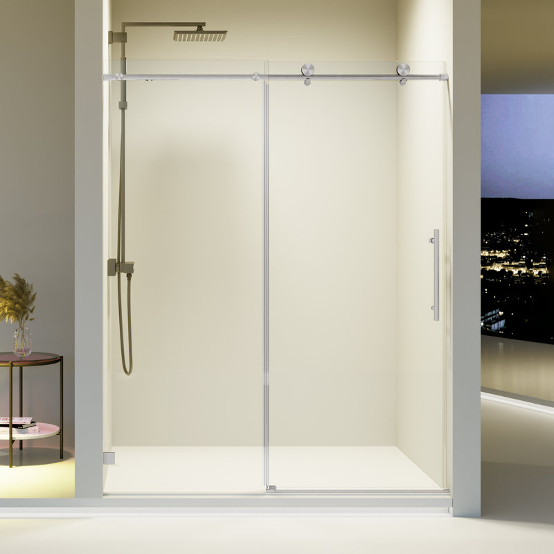 56-60 In W X 74 In H Shower Door, Frameless Single Sliding With Soft-Close 5/16 In Tempered Glass Door Smooth Rollers Stainless Steel Hardware Modern Bathroom Enclosure For Spacious Shower Experience