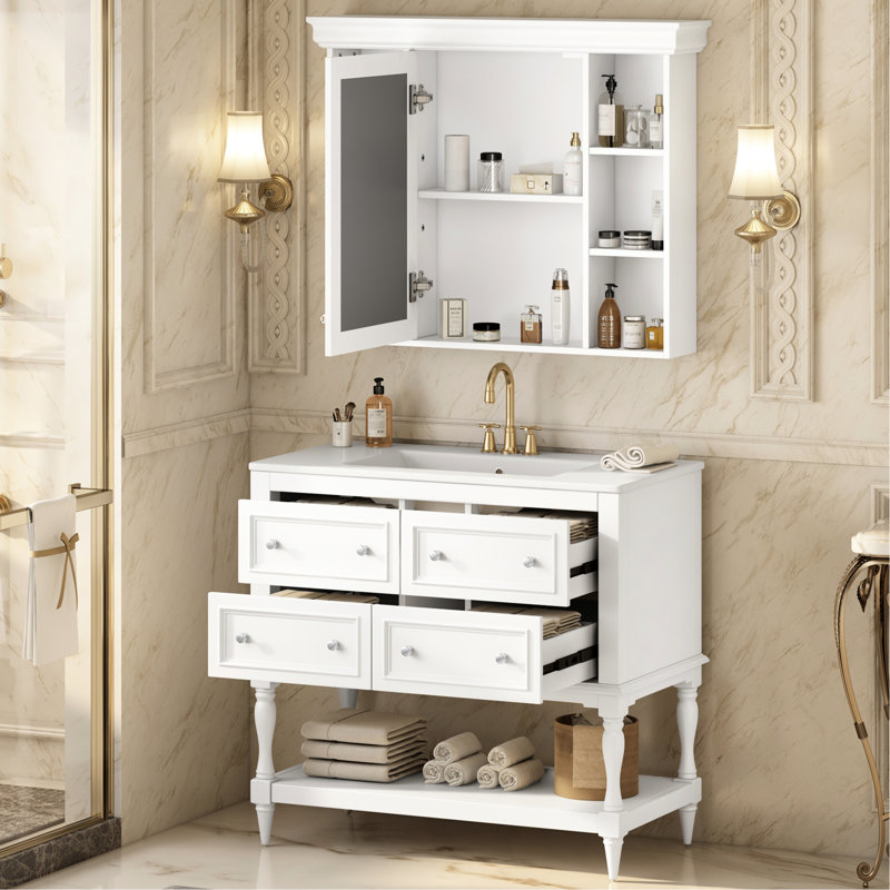 Ensemble de meuble-lavabo et armoire à pharmacie, 4 tiroirs, tablette supplémentaire, lavabo en céramique avec armoire, peinture imperméable