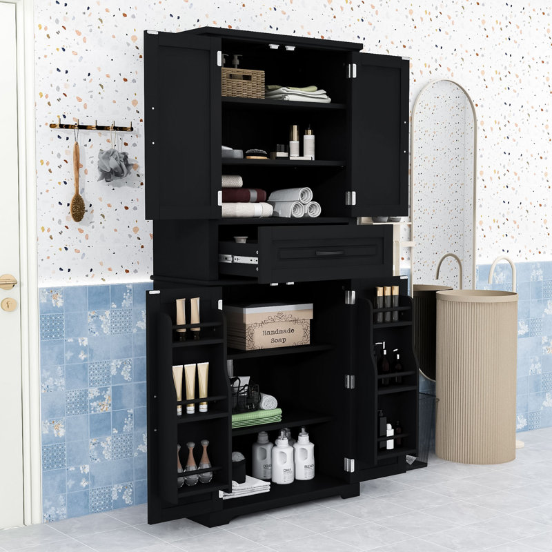 Tall Freestanding Bathroom Storage Cabinet with Adjustable Shelf, Drawer and Anti-Tipping Design, Black