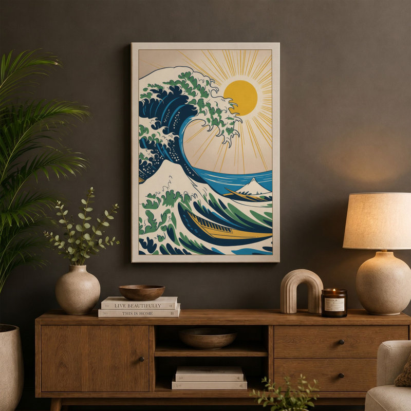 Great Wave Rising Japandi - Wrapped Canvas, 30x20 - 76.2 x 50.8 cm, White Border
