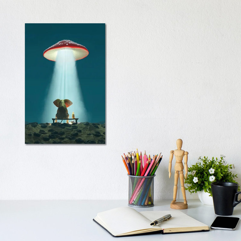 Elephant And Dog Look At A Flying Mushroom by Mike Kiev - Wrapped Canvas Gallery-Wrapped Canvas Giclée