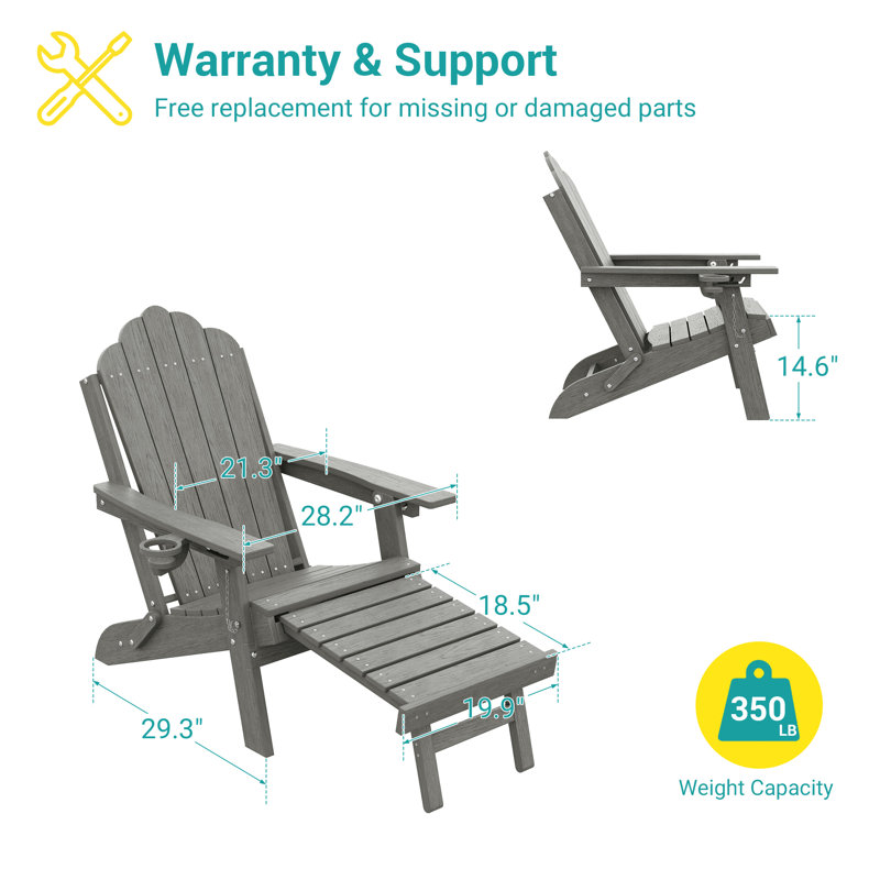 Folding Adirondack Chair with Retractable Ottoman and Cup Holder, Outdoor HDPE Lounge Chair, Light Gray