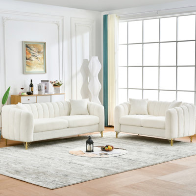 Chenille blanche 3 places + 2 canapé avec ressorts - rembourrage enveloppé, courbé et coussins décoratifs pour espace de vie principal