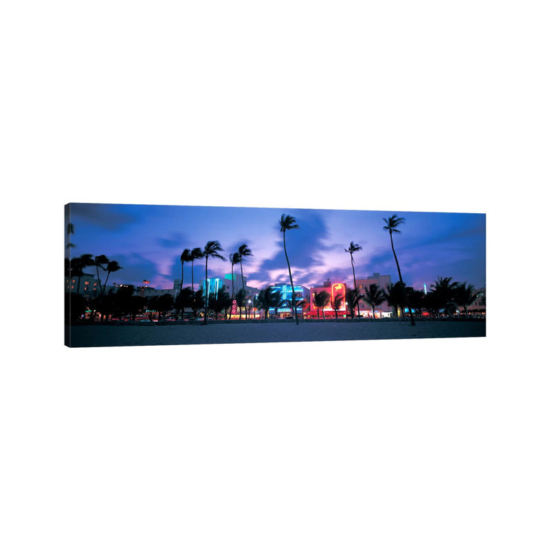 Buildings Lit Up At Dusk, Miami, Florida, USA - Wrapped Canvas Panoramic Print, 121.92 cm H x 40.64 cm W x 3.175 cm D