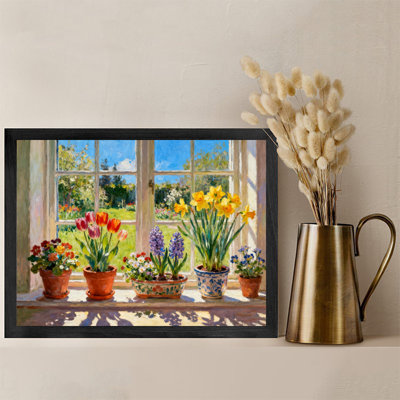 Art encadré noir, "Les fleurs qui fleurissent sur le rebord de la fenêtre", impression sur toile de style pastorale impressionniste