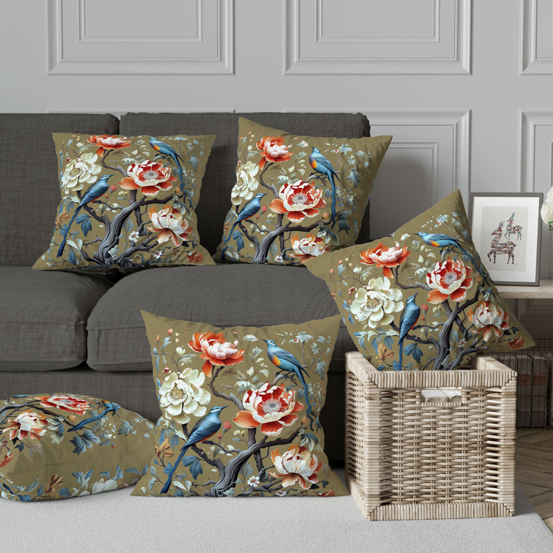 Botanical Bird Reversible Square Throw Pillow in Blue and Orange
