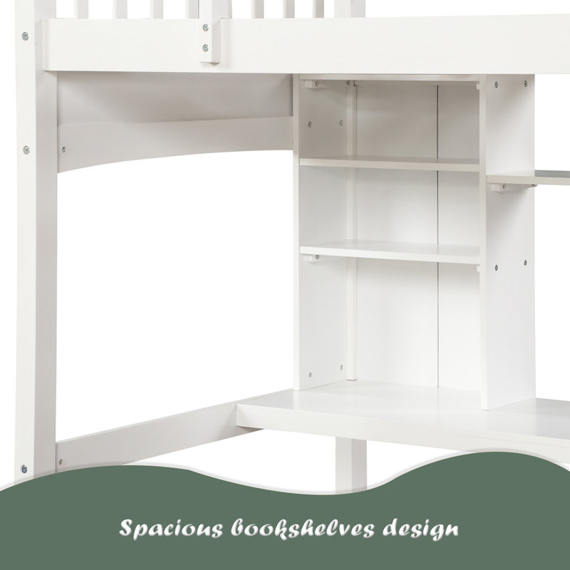 Lit mezzanine simple avec tablettes de rangement, bureau et échelle