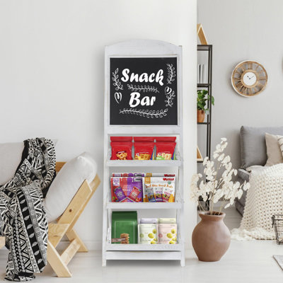Vintage White Wood Freestanding Chalkboard Easel With 3-Tiered Display Shelves, Decorative Chalkboard Plant Shelf Stand