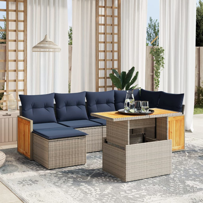  Ensemble de canapé de patio 7 pièces avec coussins en rotin de polyester, Gris, Bleu