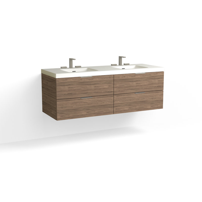 Avila 60" W Wall Mounted Double Bathroom Vanity, Glossy White/8" Widespread, Nocino, Matte Black