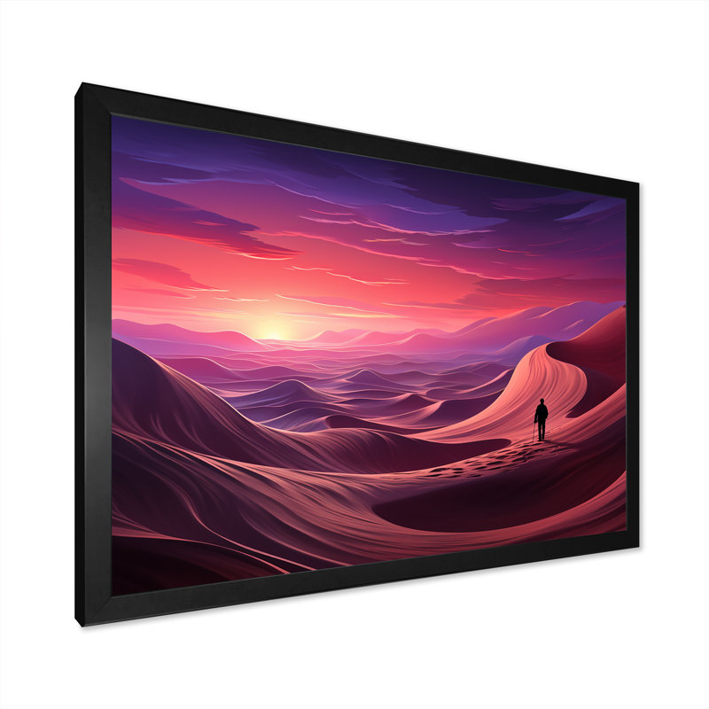 «Mauve et rose», homme perdu dans le désert I - Art mural paysages spatiaux, Cadre d'angle fermé noir