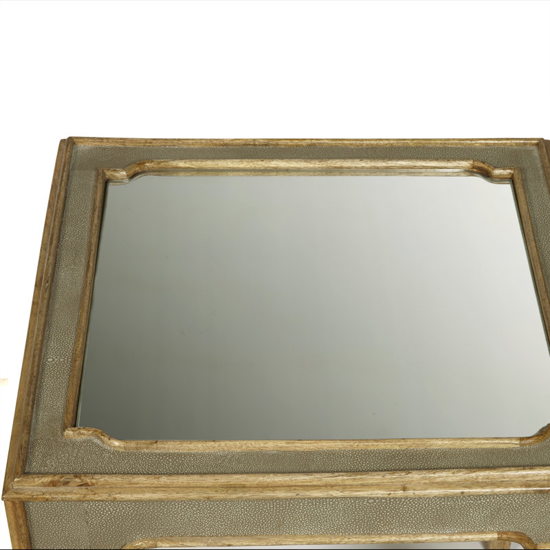 Gray Faux Shagreen Square Side Table with Mirrored Top